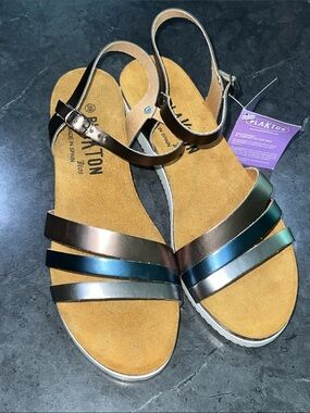 Metallic Multi-Strip Ankle Strap Sandals - Bronze/Blue/Silver